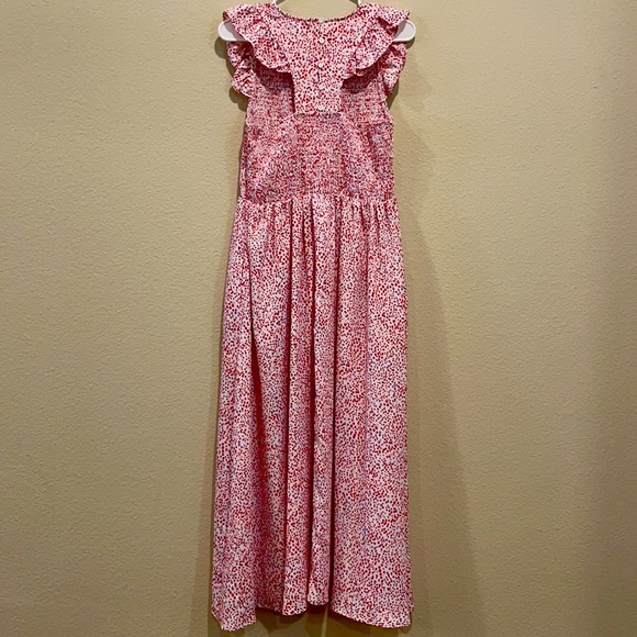 Red pink polka dots dress, ruffle sleeves, buttoned down racerback, w/ pockets - Picture 4 of 5